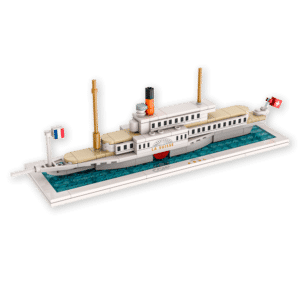 LEGO paddle steamer model named La Suisse on a blue water base, with flags at both ends and beige decks.