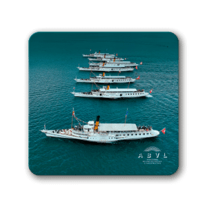 Flotilla of white paddle steamers anchored on turquoise sea, viewed from above; ABVL logo bottom right.